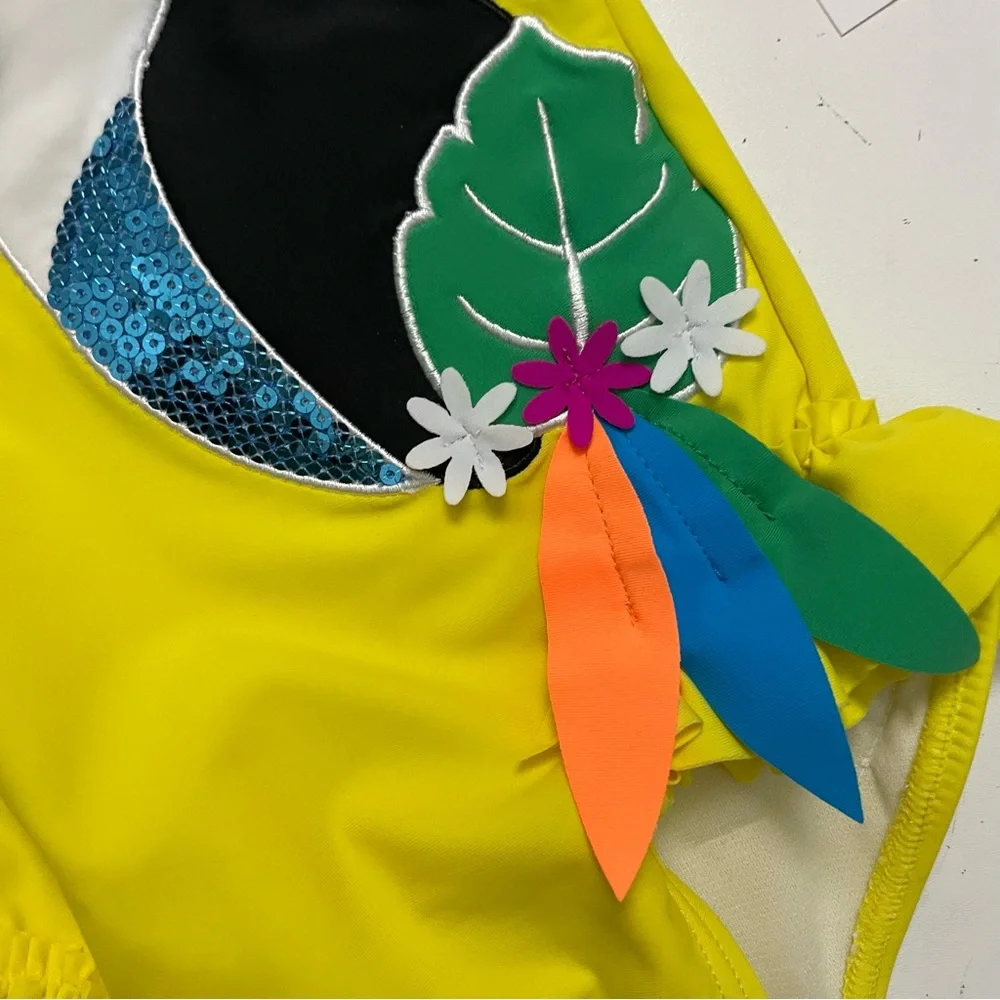 Flapdoodles Swimsuit One Piece Ruffle Toucan Bird Flowers Tropical Beach Yellow
